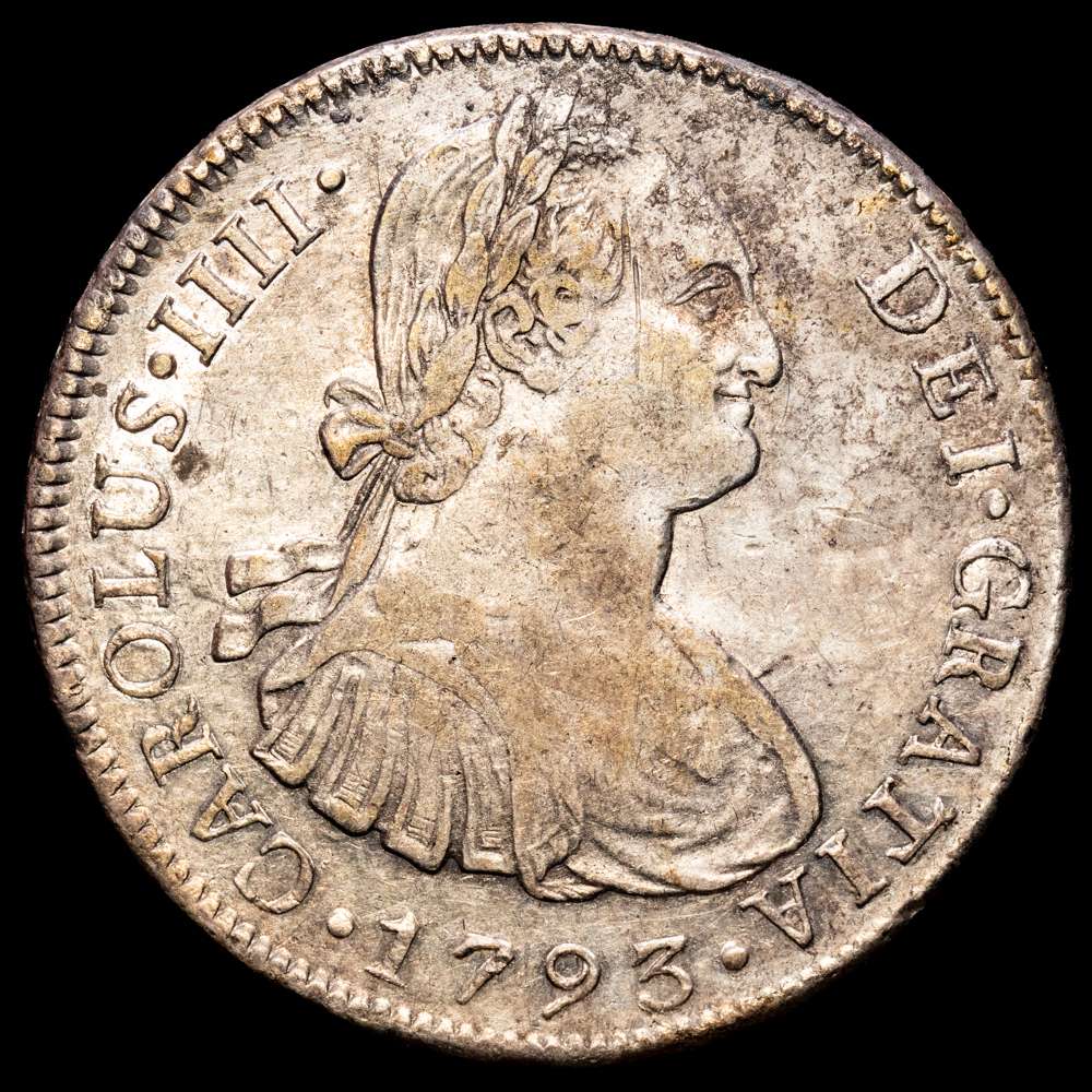 Carlos IV (1788-1808). 8 reales. 1793. Lima. IJ. (Cal-909). Ag. 26,85 gramos. (Oxidaciones limpiadas). MBC.