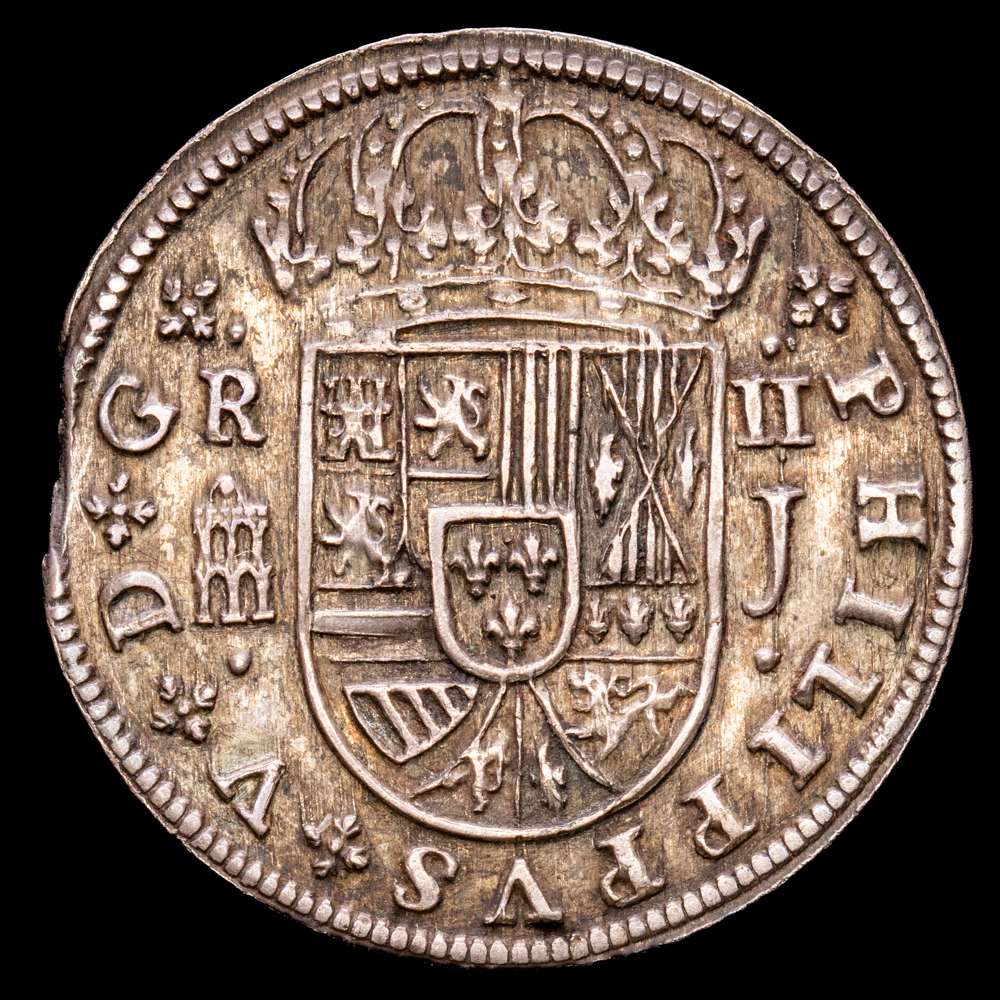 Felipe V (1700-1746). 2 reales. 1718. Segovia. J. (Cal-947). Ag. 6,12 gramos. Acueducto de 2 arcos de 2 pisos. Leyenda PHILIPPVS. Bonita pátina. Escasa así. EBC.