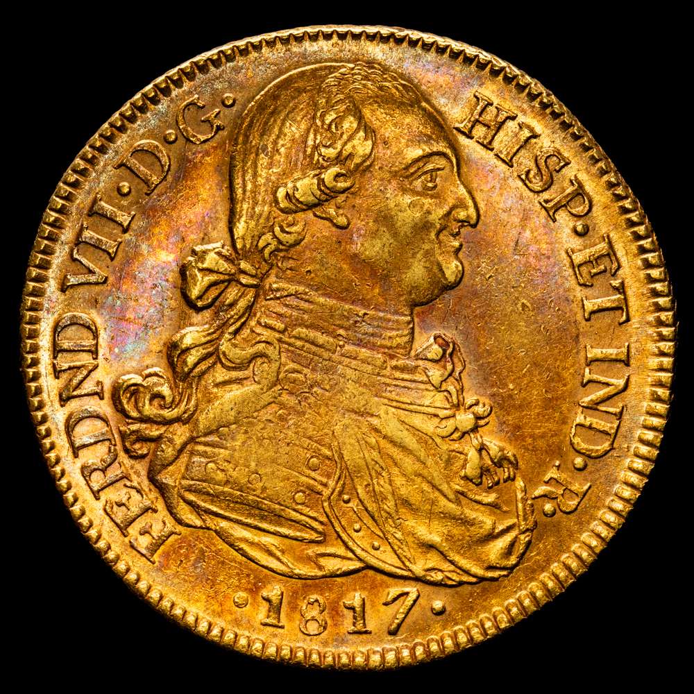 Fernando VII (1808-1833). 8 escudos. 1817. Santa Fe de Nuevo Reino. JF. (Cal-1854). Au. 26,95 g. Busto de Carlos IV. EBC-. Precioso color con un excelente atractivo visual.