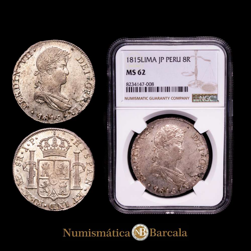 Fernando VII (1808-1833). 8 reales. 1815. Lima. J.P. (Cal-1248). Ag. Pátina suave ligeramente tonificada. Muy escasa en esta conservación. Encapsulada por NGC como MS 62.