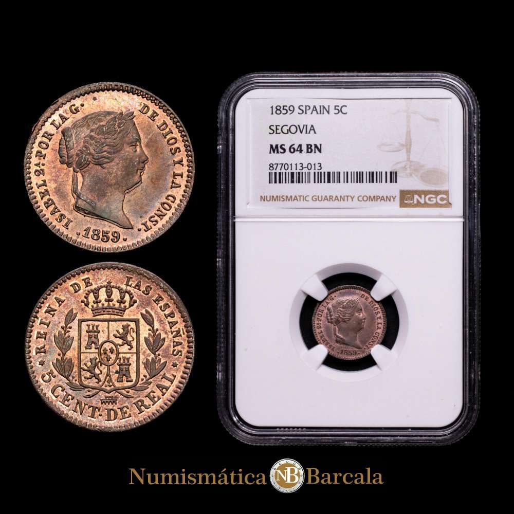Isabel II (1833-1868). 5 céntimos de reales. 1859. Segovia. (Cal-164). Ae. 1,66 gramos. Pleno brillo original. Encapsulada por NGC como MS 64 BN.