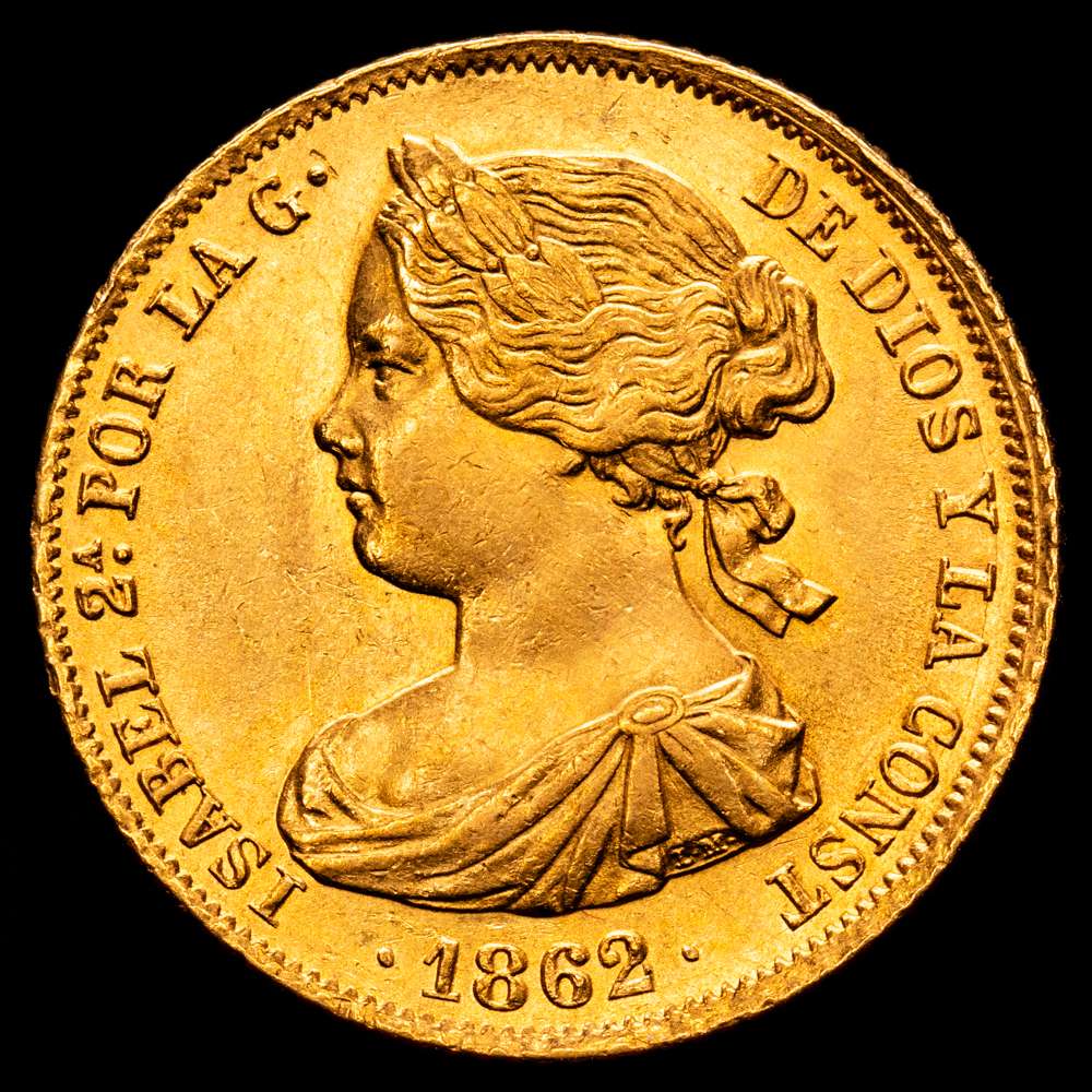 Isabel II (1833-1868). 100 reales. 1862. Madrid. (Cal-789). Au. 8,36 g. Brillo original. Bonito color. SC-.