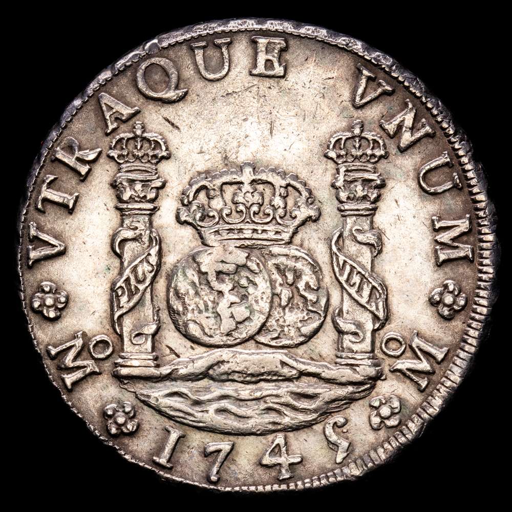 FELIPE V (1700-1746). 8 reales. 1745/5. México. MF. AR 27,01 gramos. AC-1468 vte. Yonaka subclasifica como M8-45c. Rayitas de ajuste. MBC+. Muy rara sobrefecha.