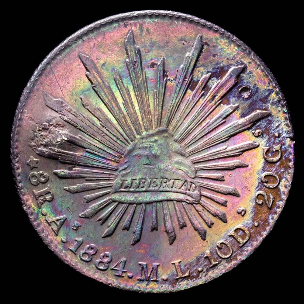 República Federal de México, 1884. Como ML 8 Reales (Resello chino: 和). Con gran parte de brillo. Plata (.903). Casa de la Moneda de Alamos. KM 377. 26.96 g. Sin circular.