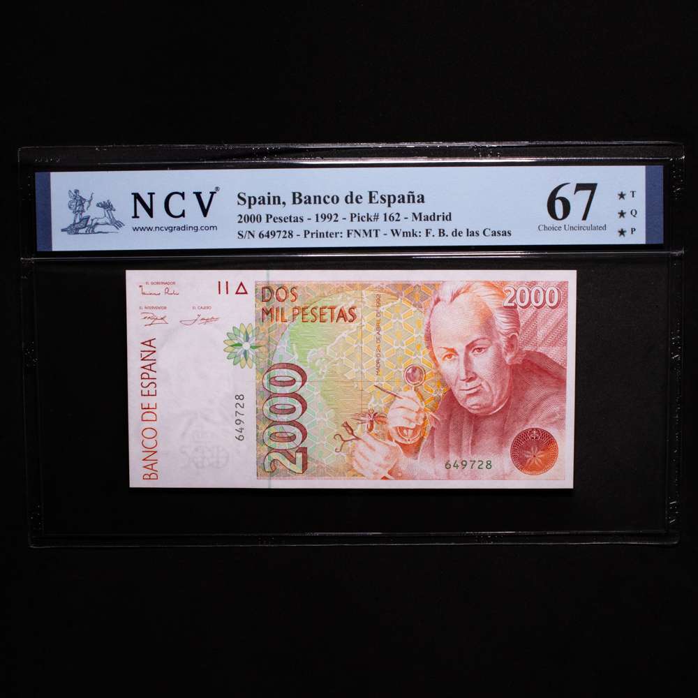 España – Banco de España.2000 Pesetas. 24 de Abril de 1992. Sin serie. FNMT. Pick 162. 67 Choice Uncirculated.Encapsulado NCV67TQP.