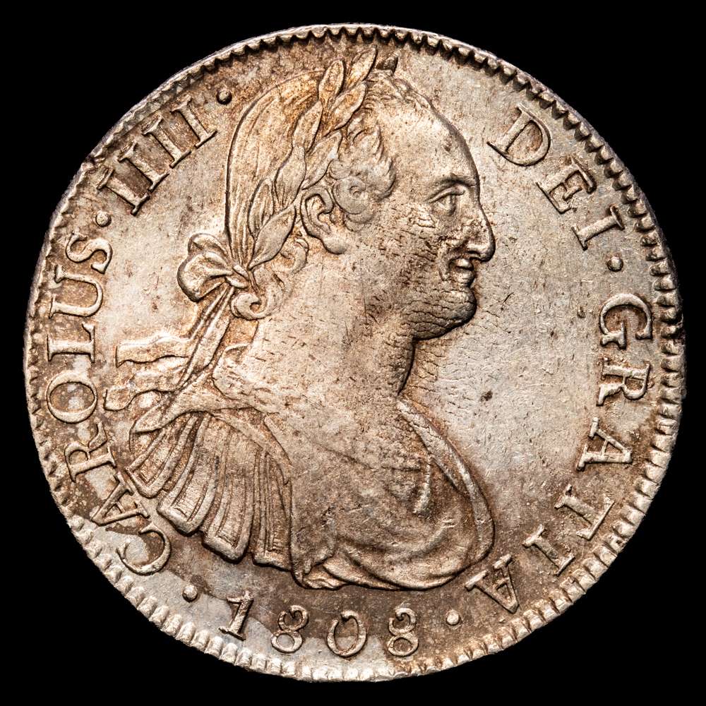 Carlos IV (1788-1808). 8 reales. 1808. México. TH. (Cal-988). Ag. 26,88 gramos. Parte de brillo original. Suave tono en anverso. MBC+.