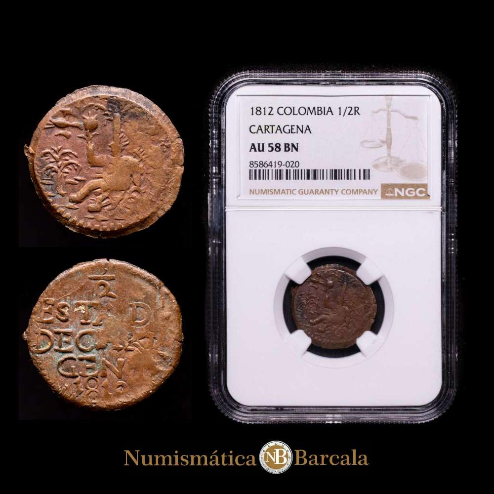 Cartagena, Colombia, Fernando VII (1808-1833). cobre 1/2 real,1812, Encapsulada por NGC como AU 58 BN. Restrepo-131.2; Cal-316; KM-D2. Excelente ejemplar.