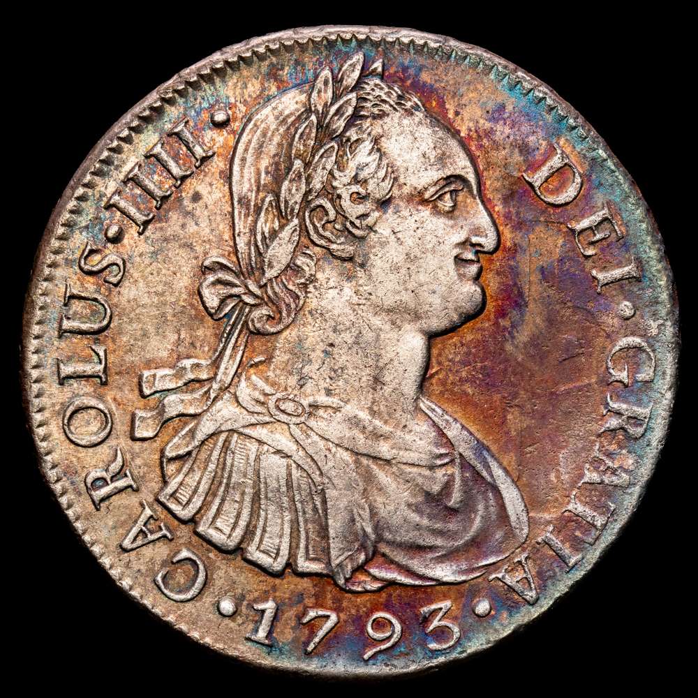 Carlos IV (1788-1808). 8 reales. 1793. Lima. IJ. (Cal-909). Ag. 26,46 gramos. (Oxidaciones limpiada en el reverso. MBC+. Bello color irisado.