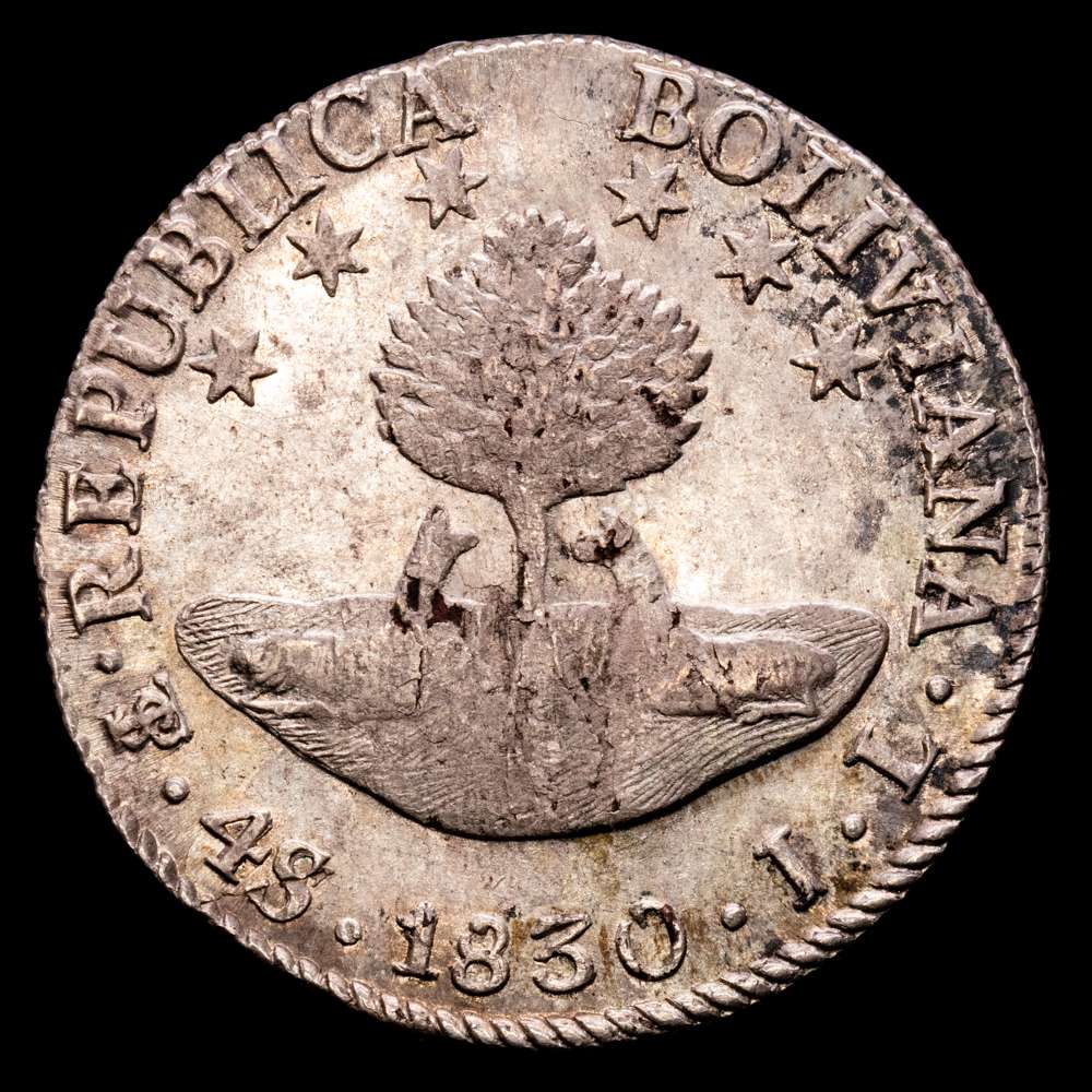 República de Bolivia. 4 Soles. (13,41 g.). Potosí. 1830. KM-96A1. XF. Gran parte del brillo original
