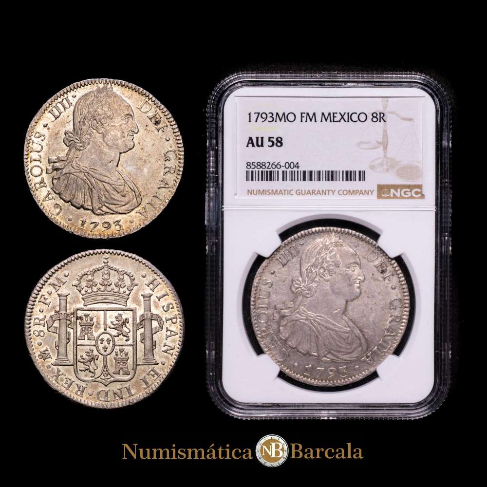 Carlos IV (1788-1808). 8 reales. 1793. México. FM. (Cal-955). Ag. Parte de brillo original. Fuertemente acuñada. Encapsulada por NGC como AU 58.