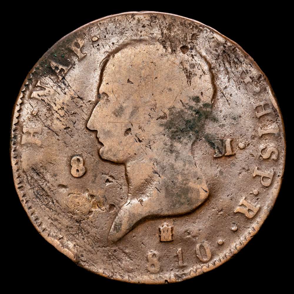José Napoleón (1808-1814). 8 maravedís. 1810. Segovia. (Cal-1). Ae. 10,75 gramos. BC+.