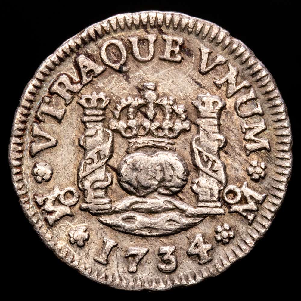 FELIPE V.  MÉXICO. KM-65 (AC-251) M05-34a – 1/2 Real 1734/3 Mo MF. (1,63 g.). Variedad con sobrefecha. buena acuñación. EBC-.