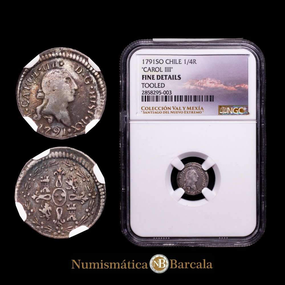 Carlos IV (1788-1808). 1/4 reales. 1791. Santiago. (Cal-184). Ag. Busto de Carlos III. Ordinal IIII. Escasa.  Calificado por NGC como Fine Detalles.(Tooled). Ex Colección Val y Mexía.
