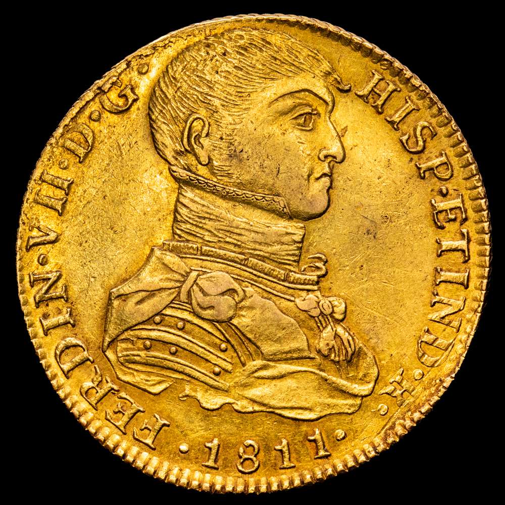 Fernando VII (1808-1833). 8 escudos. 1811. Lima. J.P. (Cal-1756). (Cal onza-1214). Au. 26,83 gramos. Busto indígena. EBC. Muy escaso.