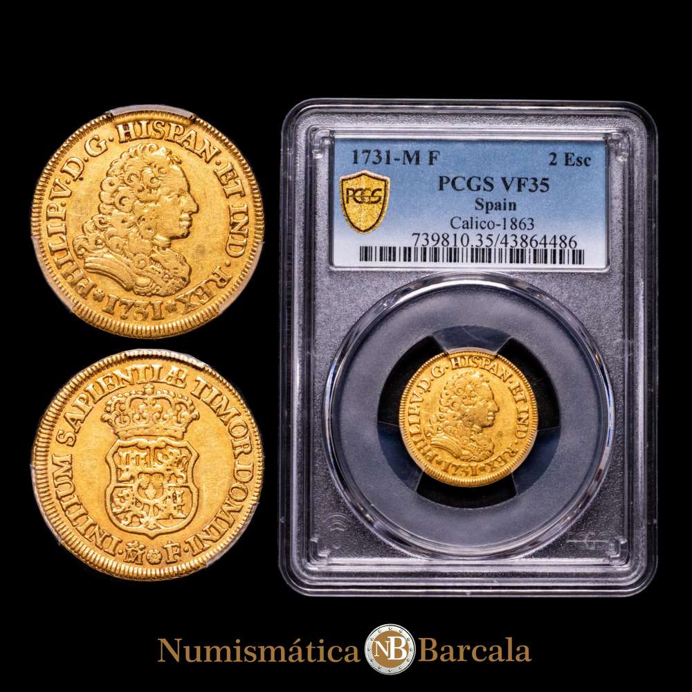 Felipe V (1700-1746). 2 escudos. 1731. Madrid. F. (Cal-1863). KM-352. Sin indicación de valor. Rara. Encapsulada por PCGS  como VF35.