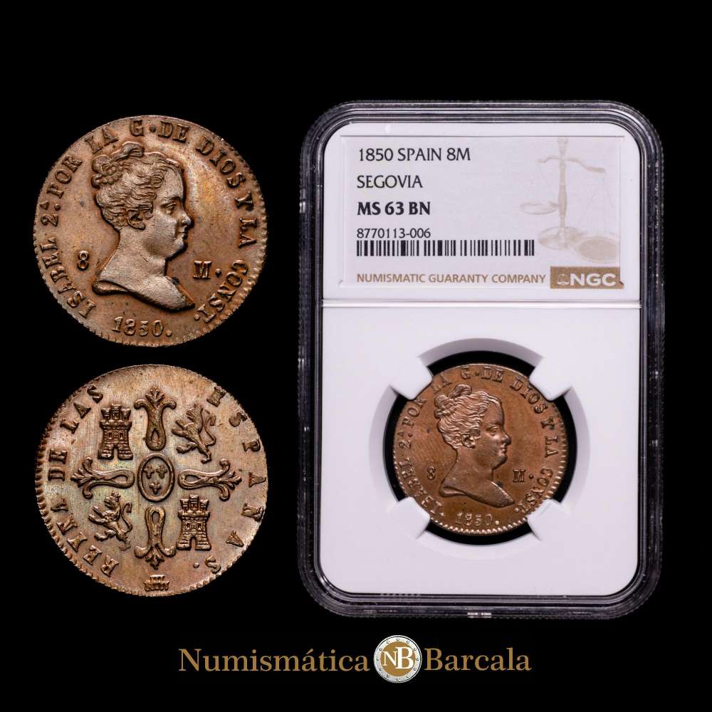 Isabel II (1833-1868). 8 maravedís. 1850. Segovia. (Cal-137). Ae. 10,49 gramos. Bello ejemplar con un buen atractivo visual. Encapsulado por NGC como MS 63 BN.