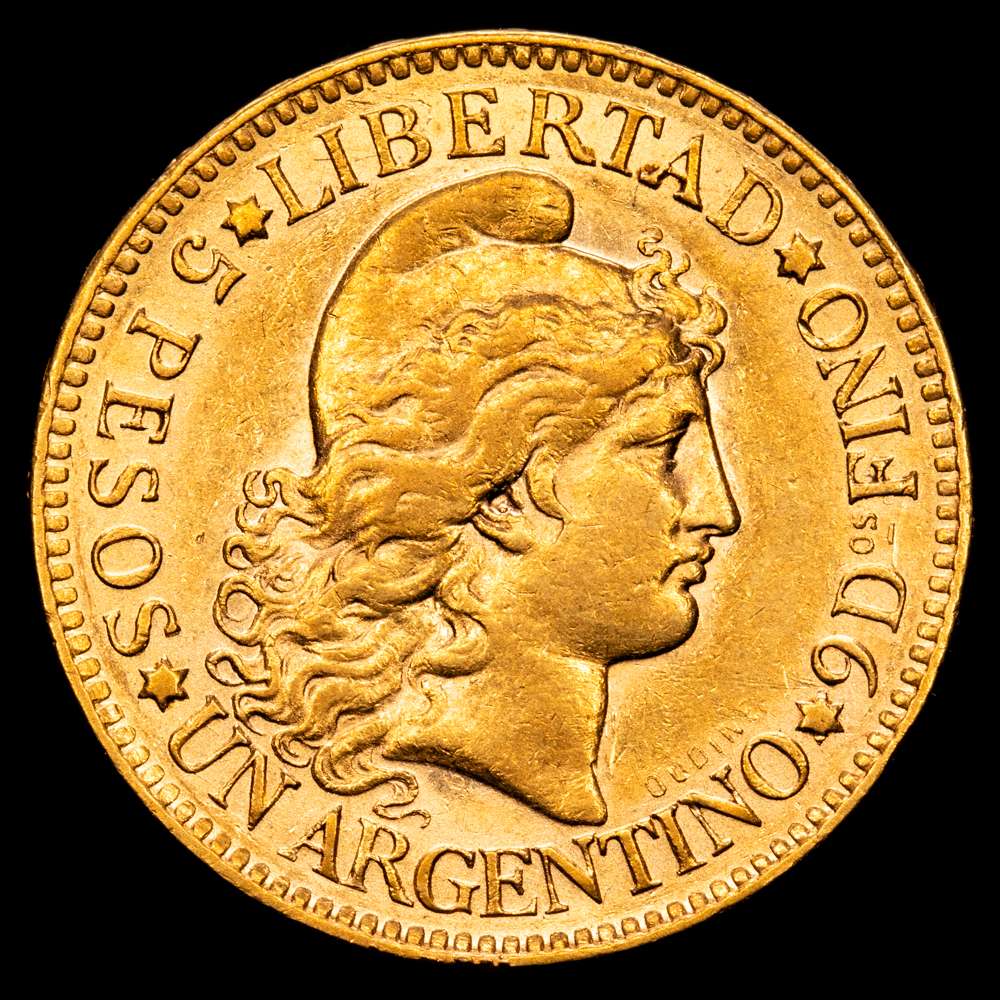 Argentina. 5 pesos (argentino). 1888. (Km-31). (Fr-14). Au. 8,08 g. Gran parte del brillo original. EBC.