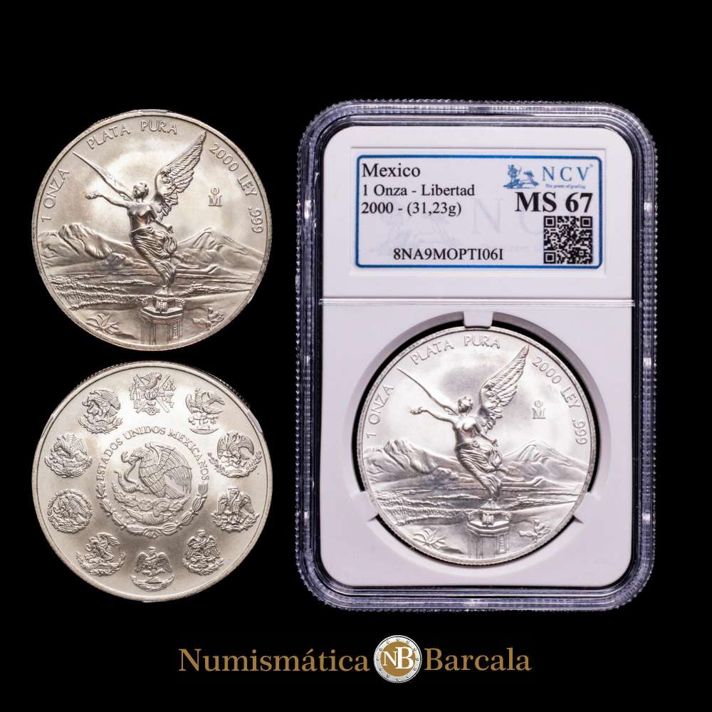 México. 1 onza. 2000. Ciudad de México. (Km-639). Ag. 31,1 gramos. Acabado satinado.  Encapsulada por NCV como MS 67.