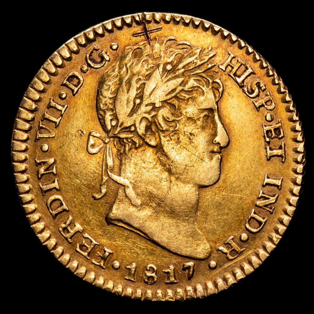 Fernando VII (1808-1833). 1 escudo. 1817. Guatemala. M. (Cal-1495). Au. 3,38 gr. Emisión de un solo año. Rara. (MBC+).