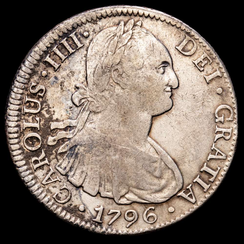 Carlos IV (1788-1808). 8 reales. 1796. México. FM. (Cal-959). Ag. 26,75 gramos. Oxidaciones limpiadas. MBC.