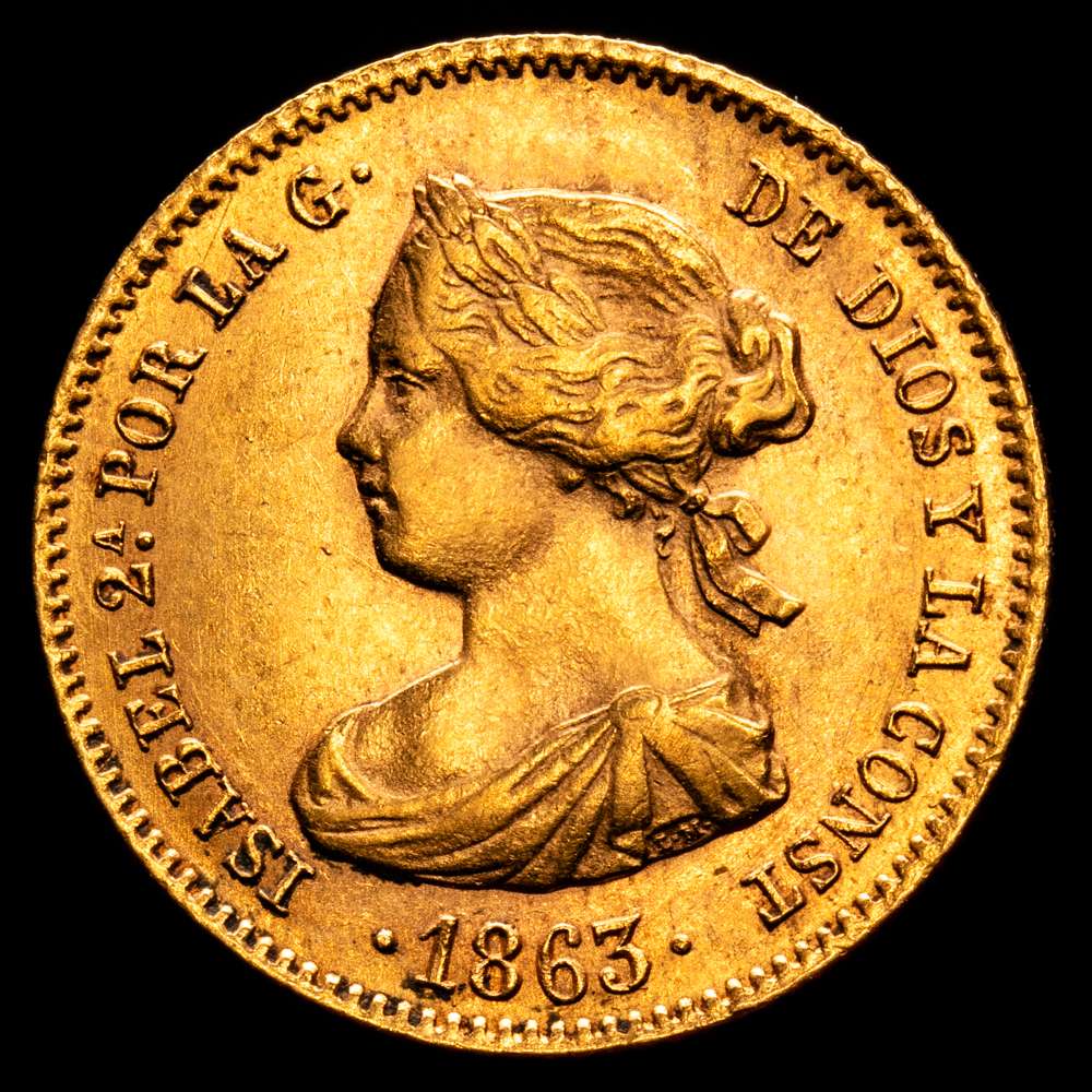 Isabel II (1833-1868). 40 reales. 1863. Barcelona. (Cal-677). Au. 3,36 gramos. Restos de brillo originales. Escasa. EBC.