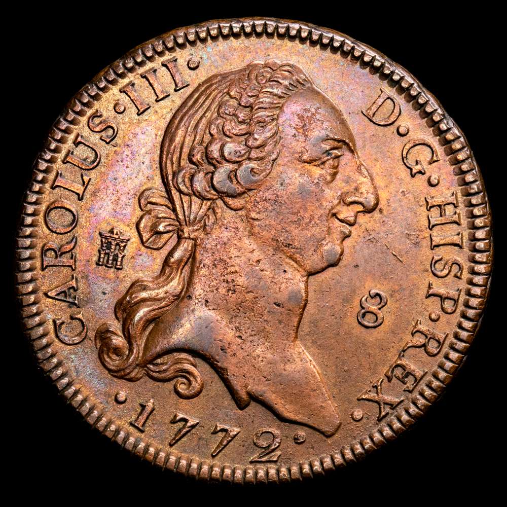 Carlos III. 8 Maravedís. (12,09 g.). Segovia. 1772. Aureo y Calico-69. EBC+.Primer año de la ceca. Muy buen ejemplar. Muy rara en esta presentación.Parte de brillo original .