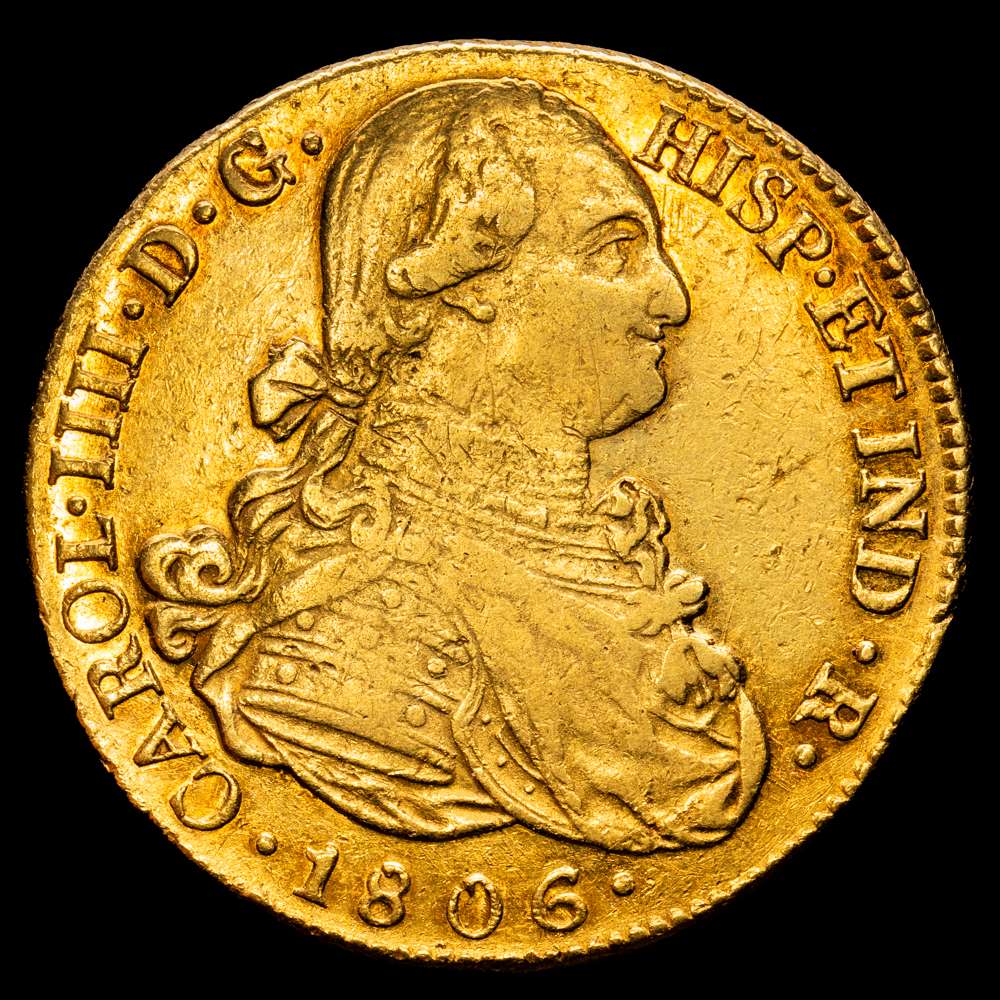 Carlos IV (1788-1808). 8 escudos. 1806. Popayán. JF. (Cal-1683). (Cal onza-1073). Au. 26,85 gramos. Bonito color y parte del brillo original. Atractiva y escasa. EBC-/EBC.