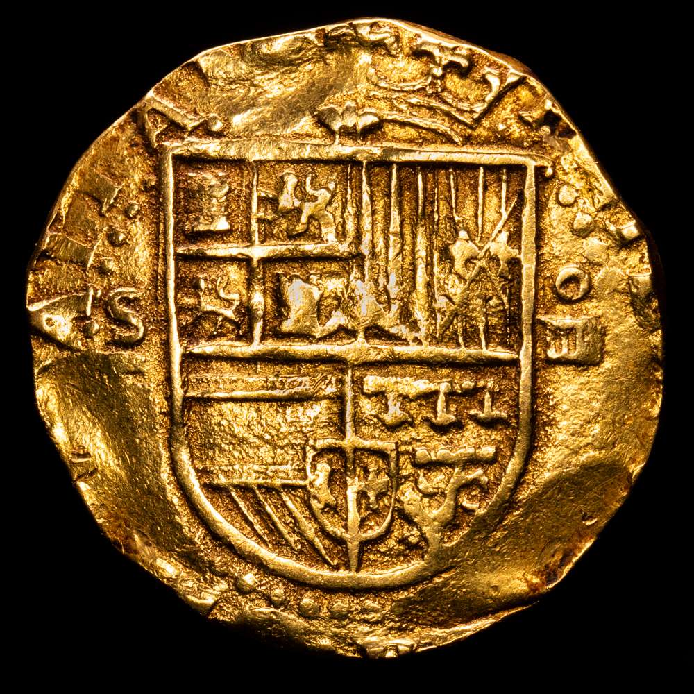 Felipe II (1556-1598). 4 escudos. ND. (1566-1587). Sevilla. (Cal-887). (Tauler-11). Au. 13,48 gramos. Escudo entre S/d cuadrada y valor IIII. MBC+. Escasa.