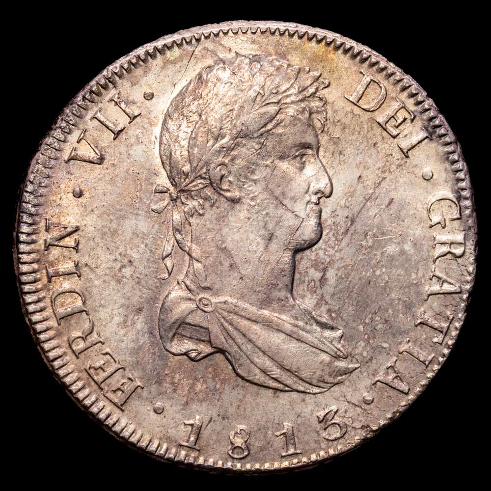 Fernando VII (1808-1833). 8 reales. 1813. Potosí. PJ. (Cal-1375). Ag. 26,81 gramos. Restos de brillo originales. Suave tono. EBC.