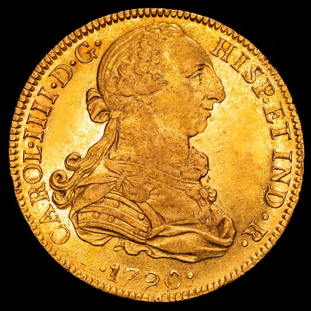 Carlos IV (1788-1808). 8 escudos. 1790. México. FM. (Cal-1629). (Cal onza-1017). Au. 26,98 g. 36,7 mm. Busto de Carlos III y ordinal del rey IIII.  Parte del brillo original. MBC+.