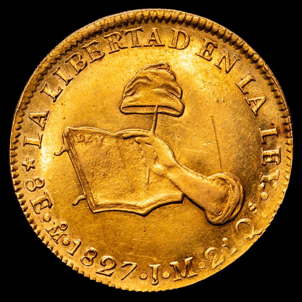 República de México, 8 escudos, 1827, Mo-JM, AU. (26,94 gr). Ceca de la Ciudad de México, KM383.9, Onza-1998. brillo original. EBC+/SC-.
