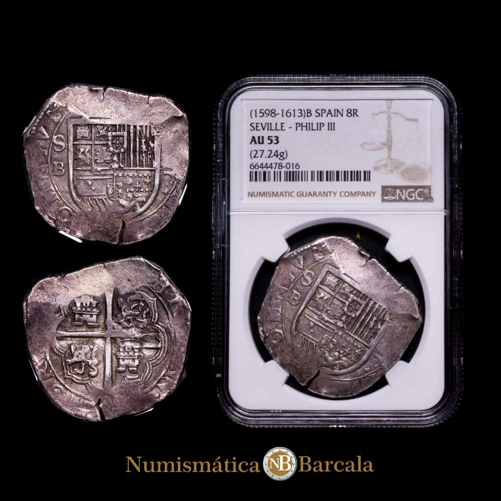 FELIPE III (1598-1621). 8 reales. (Ar. 27,24g/37mm). Fecha no visible (1598-1613). Sevilla B. (Cal-2019-Tipo 170). Tipo OMNIVM. Encapsulada por NGC como AU 50.