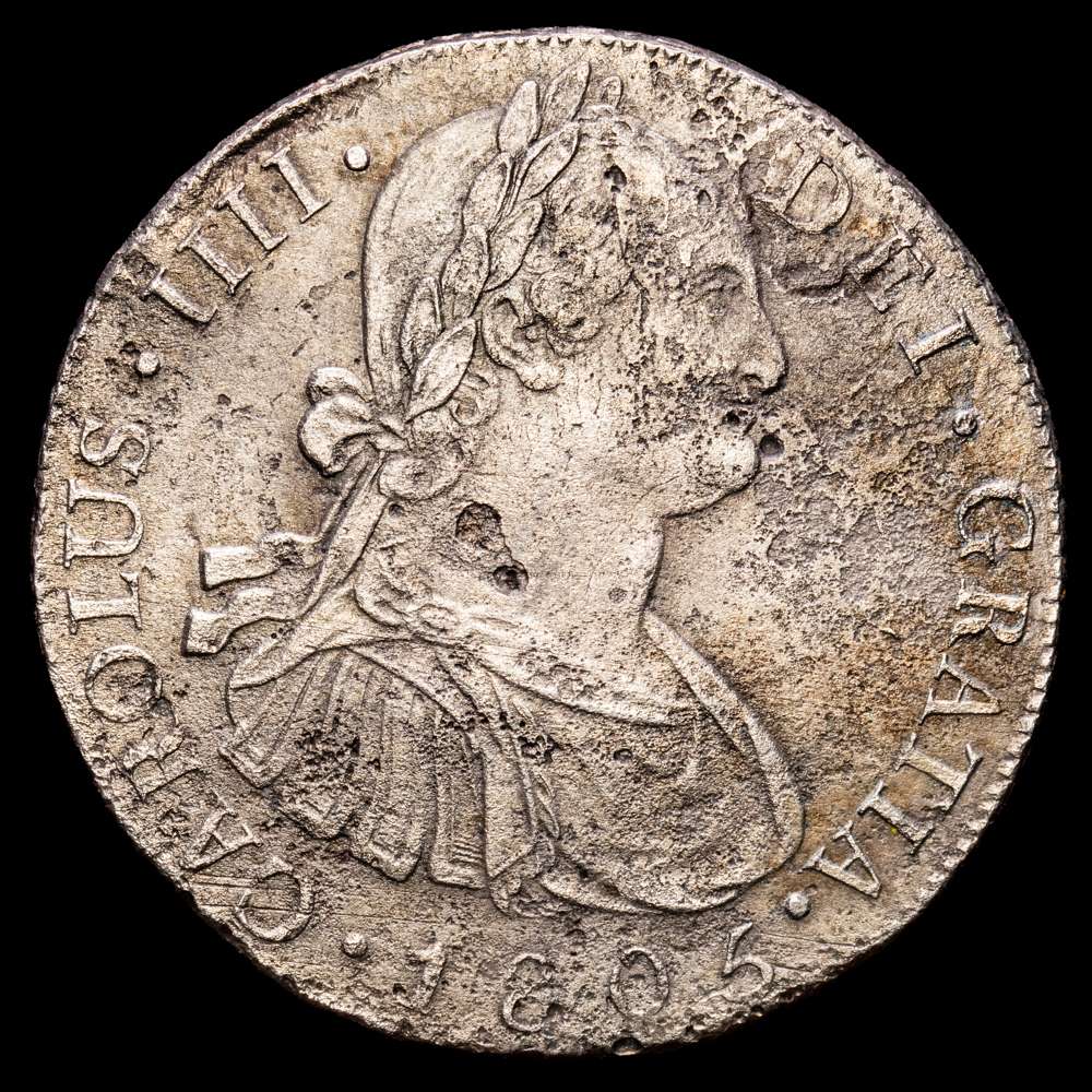 Carlos IV (1788-1808). 8 reales. 1805. Guatemala. M. (Cal-899). Ag. 26,39 gramos. Oxidaciones marinas limpiadas. (MBC).