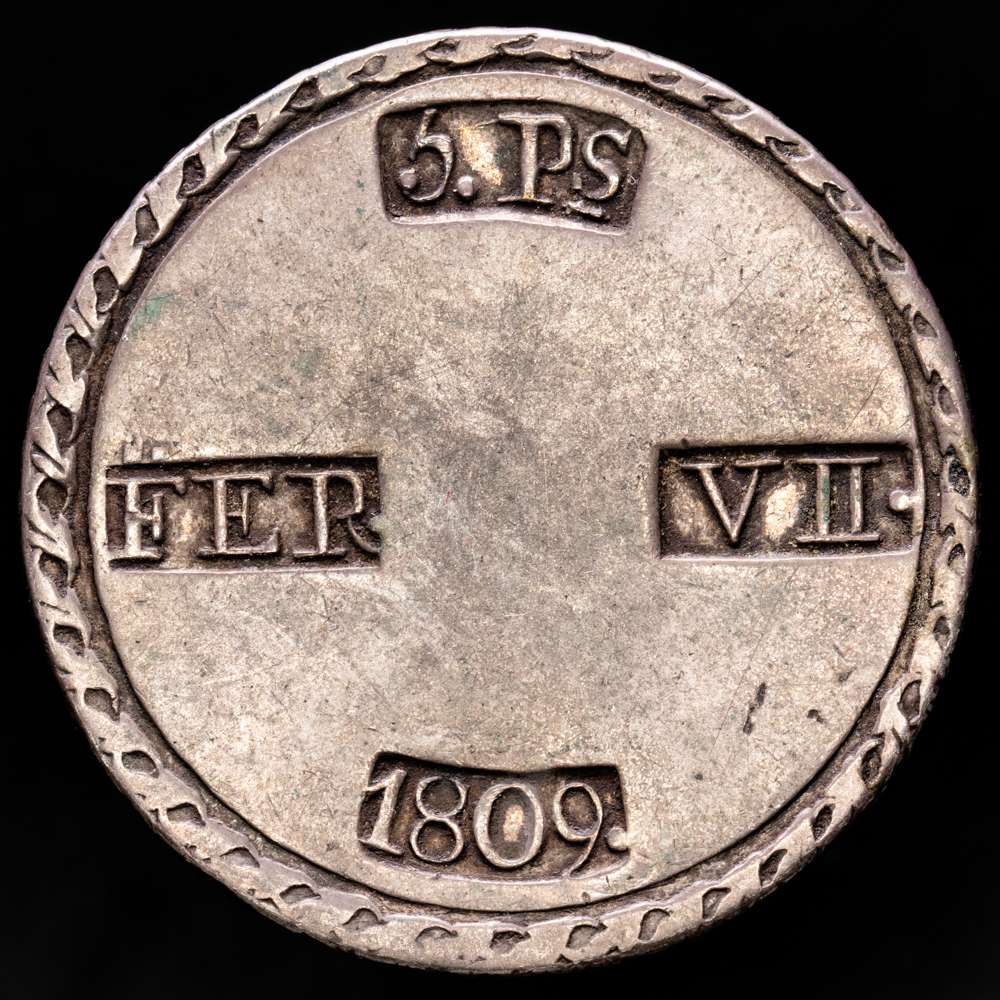 Fernando VII (1808-1833). 5 pesetas. 1809. Tarragona. (Cal-1429). Ag. 26,43 gramos. Tono. MBC+.