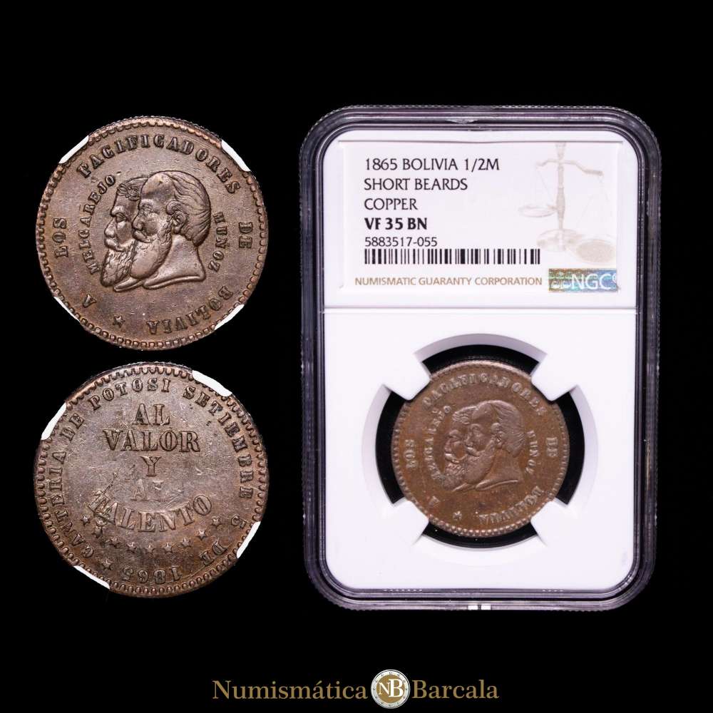 Bolivia. República desde 1825. Muestra Cu 1/2 Melgarejo. 1865. Borde estriado. KM Pn 6.  Encapsulado por NGC VF35 BN.