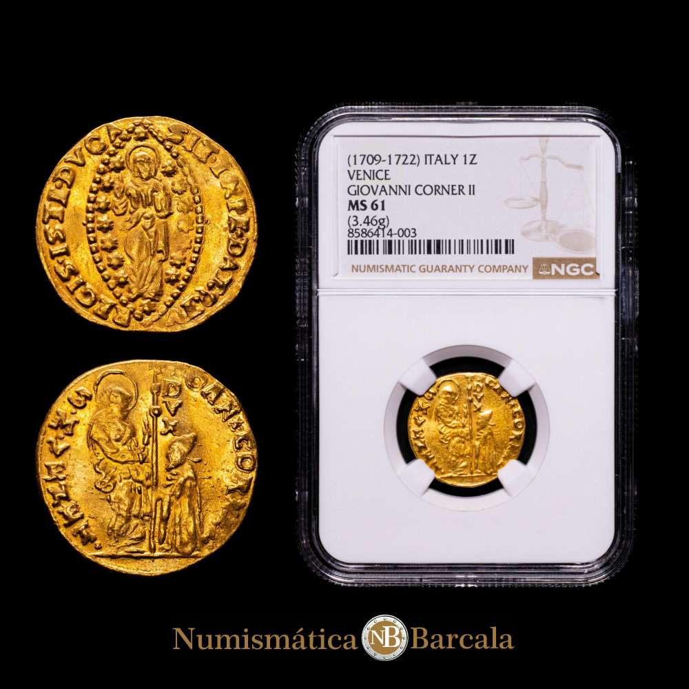 Estados Italianos, Venecia, Dux Giovanni Corner II, 1709-1722. AV Zecchino, sin fecha (1709-1722), ceca de Venecia. 3,46 gr. (KM481; Paolucci 118; Fr. 1372). Encapsulado por NGC como MS 61.