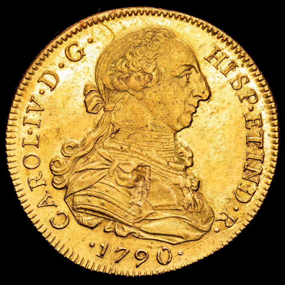Carlos IV (1788-1808). 8 escudos. 1790. Lima. IJ. (Cal-1589). Au. (27,04 g.). Busto de Carlos III y ordinal IV. Hoja saltada en anverso. Bello color. Brillo original. Escasa. EBC/EBC+.