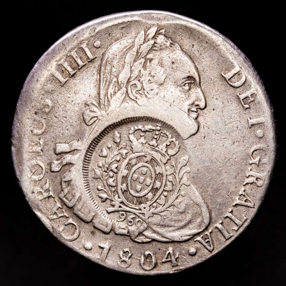 CARLOS IV Lima. 8 reales. 1804. J.P. (27,07 g.). Resellado por 960 reis en Minas Gerais desde 1808. KM251.1. MBC-