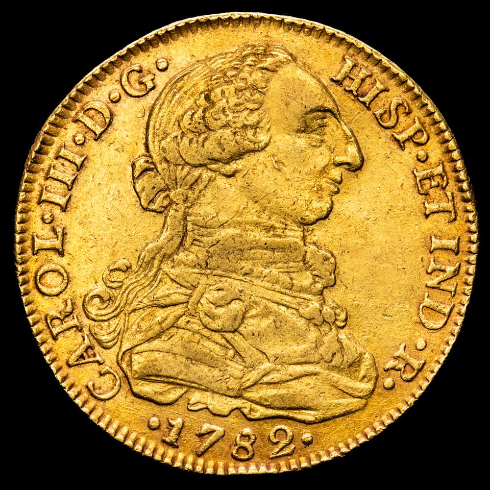 Carlos III (1759-1788). 8 escudos. 1782. Santa Fe de Nuevo Reino. J.J. (Cal-2114). (Cal onza-884). (Restrepo-72-24). Au. 26,93 gramos. Bonito color. MBC+.