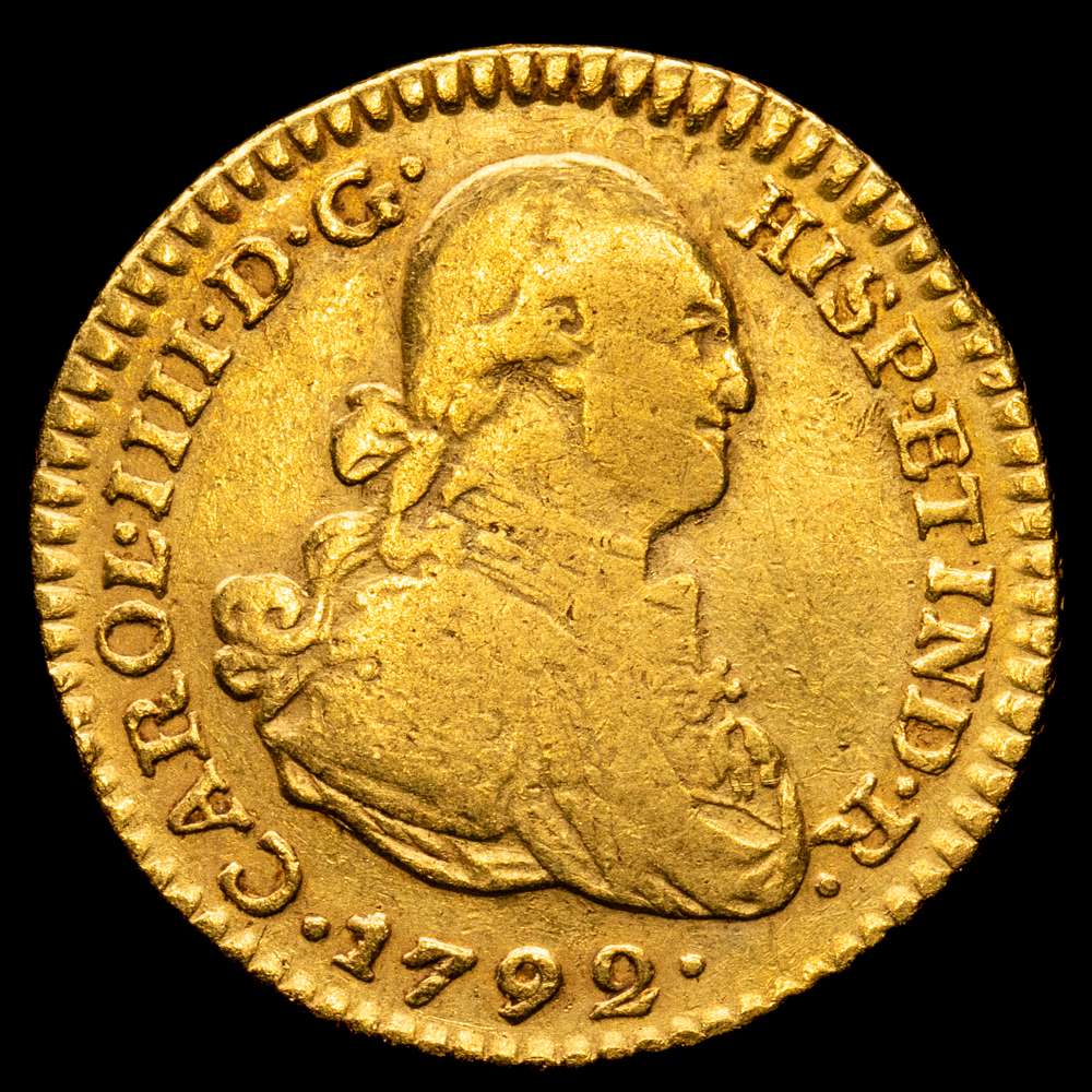 Carlos IV. 1792 Santa Fe de Nuevo Reino. J.J. 1 escudo. (AC. 1198) (Restrepo 84-2). Primer año de busto propio, pocos ejemplares conocidos. 3,24 gramos. VF.