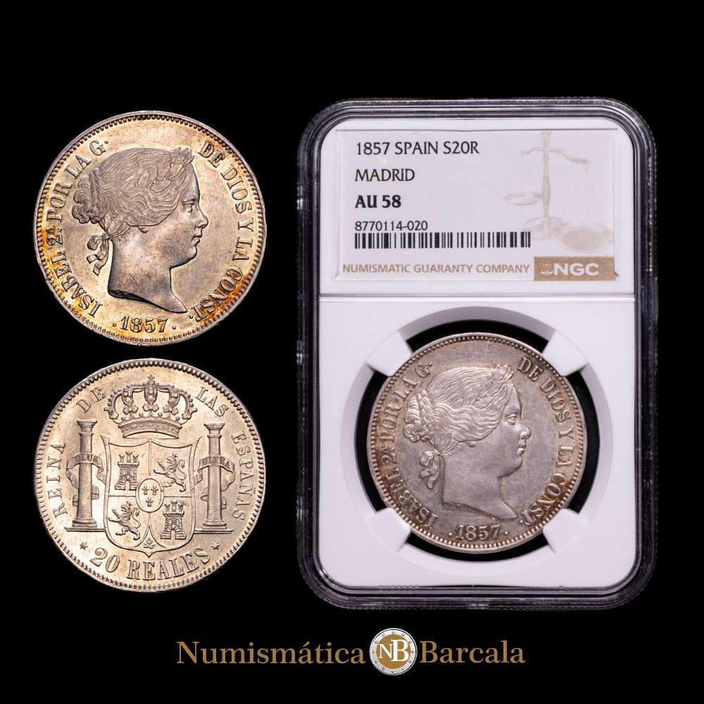 Isabel II (1833-1868). 20 reales. 1857. Madrid. (Cal-614). Ag. 26,01 gramos. Parte del brillo original. Suave tono. Encapsulada por NGC como AU 58. Escasa así.