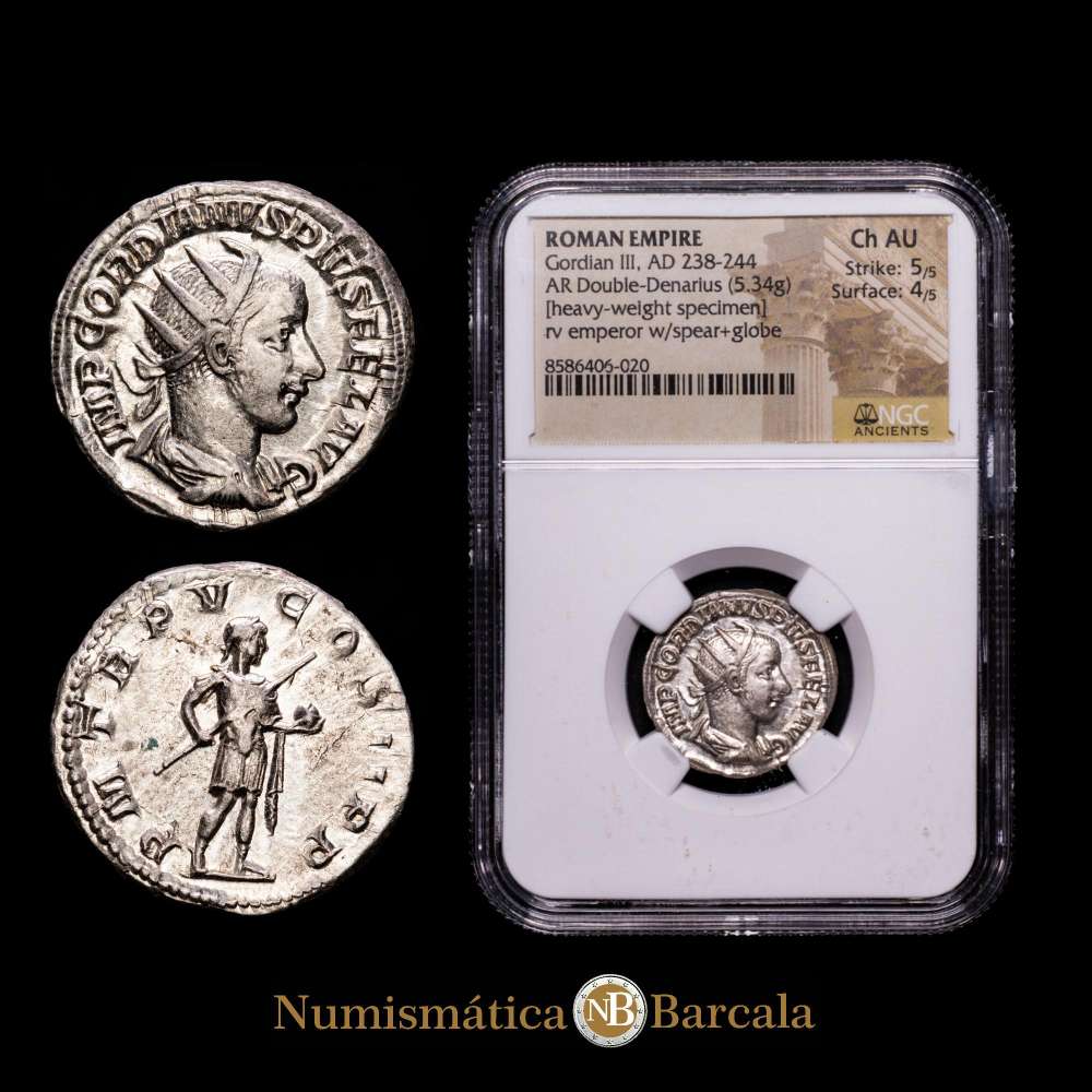 Gordiano III (238-244) – Antoniniano de plata (Roma 241-243 d. C., 5,34 g, 22,4 mm.). (RIC 93). Brliio original. Encapsulada por NGC como AU Strike: 5/5 Surface: 4/5.