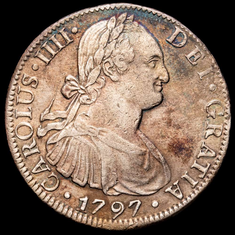 Carlos IV (1788-1808). 8 reales. 1797. México. FM. (Cal-960). Ag. 26,79 gramos. Oxidaciones limpiadas. MBC+.