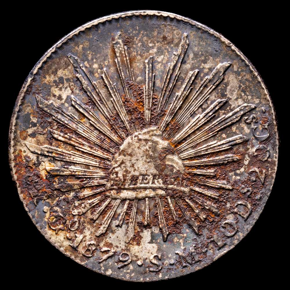 México. 8 reales. 1879. Guanajuato. SM. (Km-377,8). Ag. 27,21 gramos. Pátina oscura. EBC.