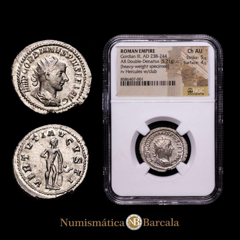 Gordiano III, Imperio Romano , 238-244. Antoniniano (Plata, 5,21 g, 2 h), Roma, 241-243. Cohen 404. RIC 95. Encapsulada por NGC como Ch AU Strike: 5/5 Surface: 4/5. (Ejemplar de gran peso).