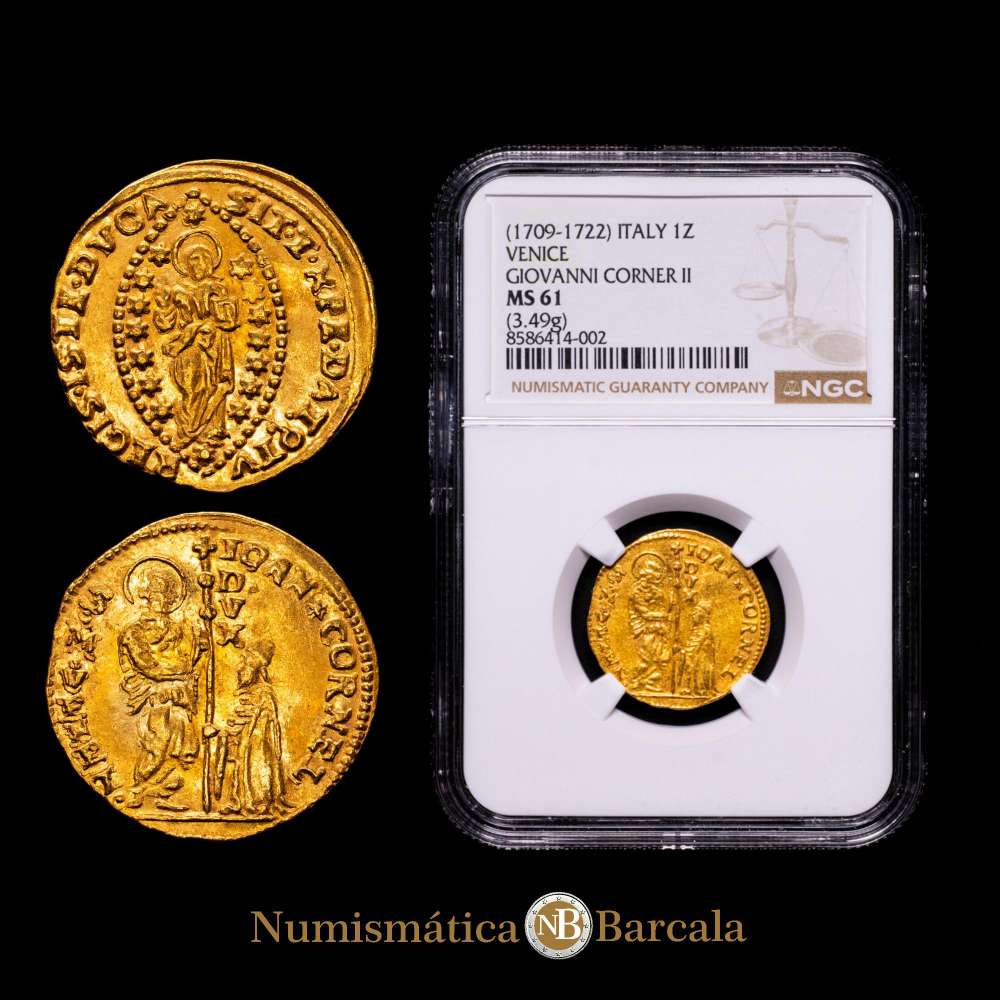 Estados Italianos, Venecia, Dux Giovanni Corner II, 1709-1722. AV Zecchino, sin fecha (1709-1722), ceca de Venecia. 3,46 gr. (KM481; Paolucci 118; Fr. 1372). Encapsulado por NGC como MS 61.
