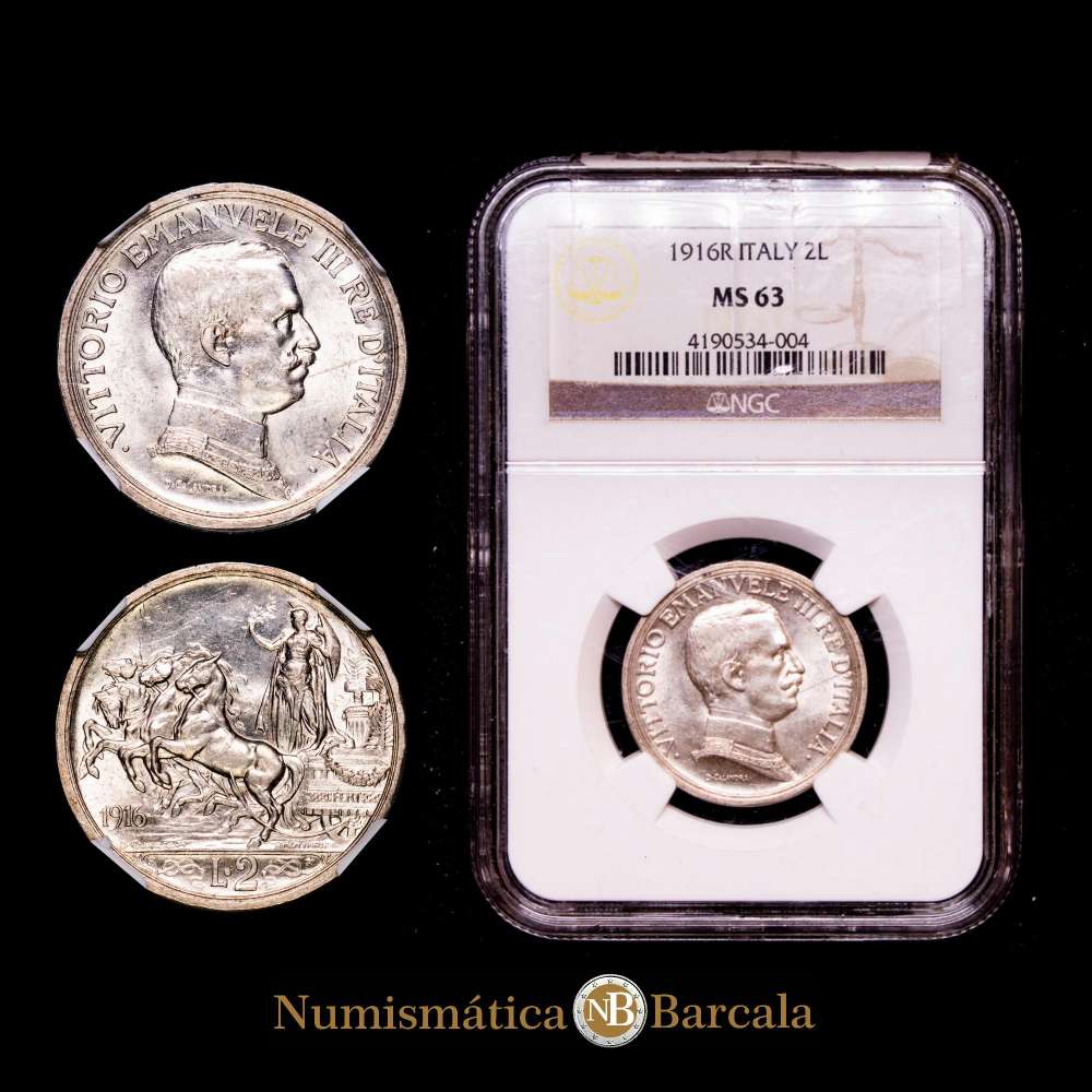 Vittorio Emanuele III. Italia. 2 liras, 1916-R. Pagani-739;KM-55. Encapsulado por NGC como MS 63.