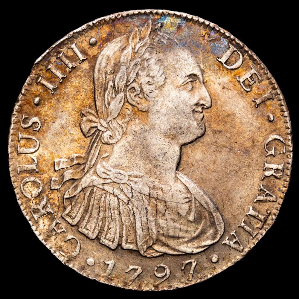 Carlos IV (1788-1808). 8 reales. 1797. Lima. IJ. (Cal-915). Ag. 26,71 gramos. MBC+. Bonito color.