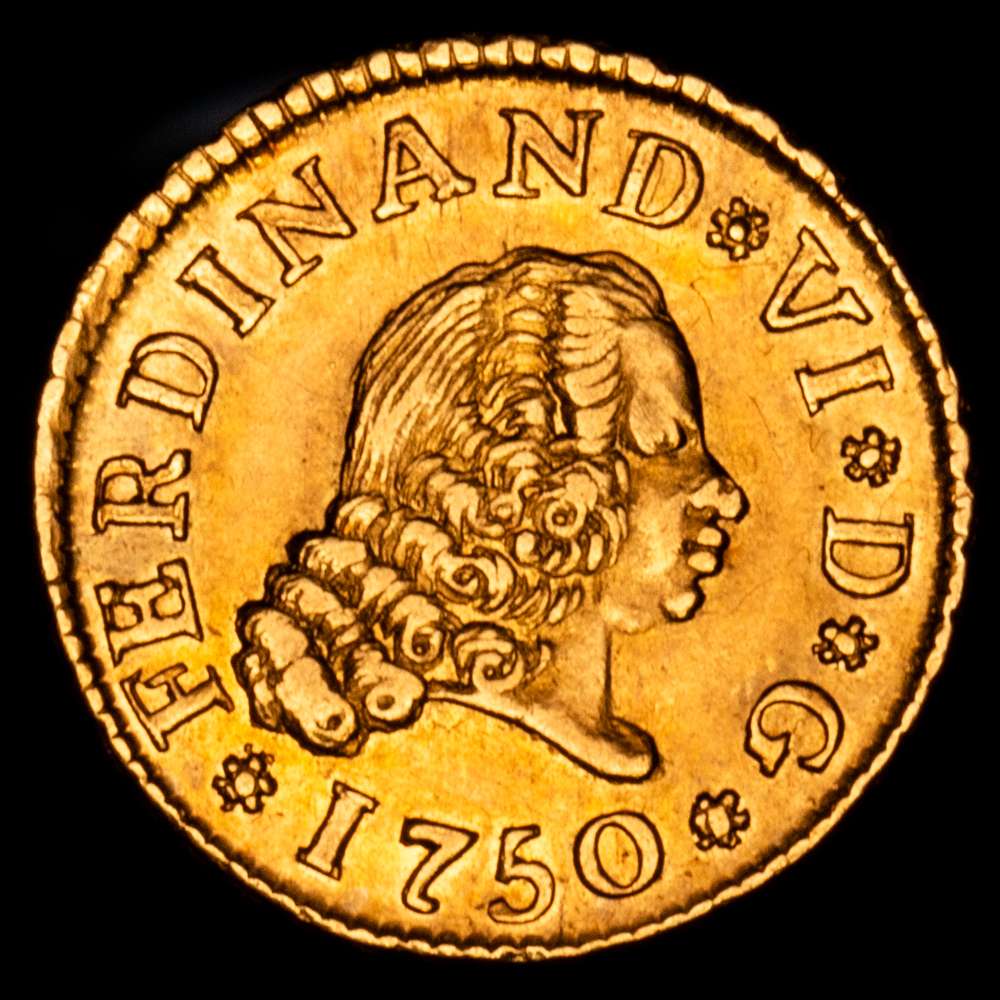 Fernando VI (1746-1759). 1/2 escudo. 1750. Madrid. JB. (Cal-552). Au. 1,79 gramos. Segundo busto. EBC+. Precioso color. Escasa así.