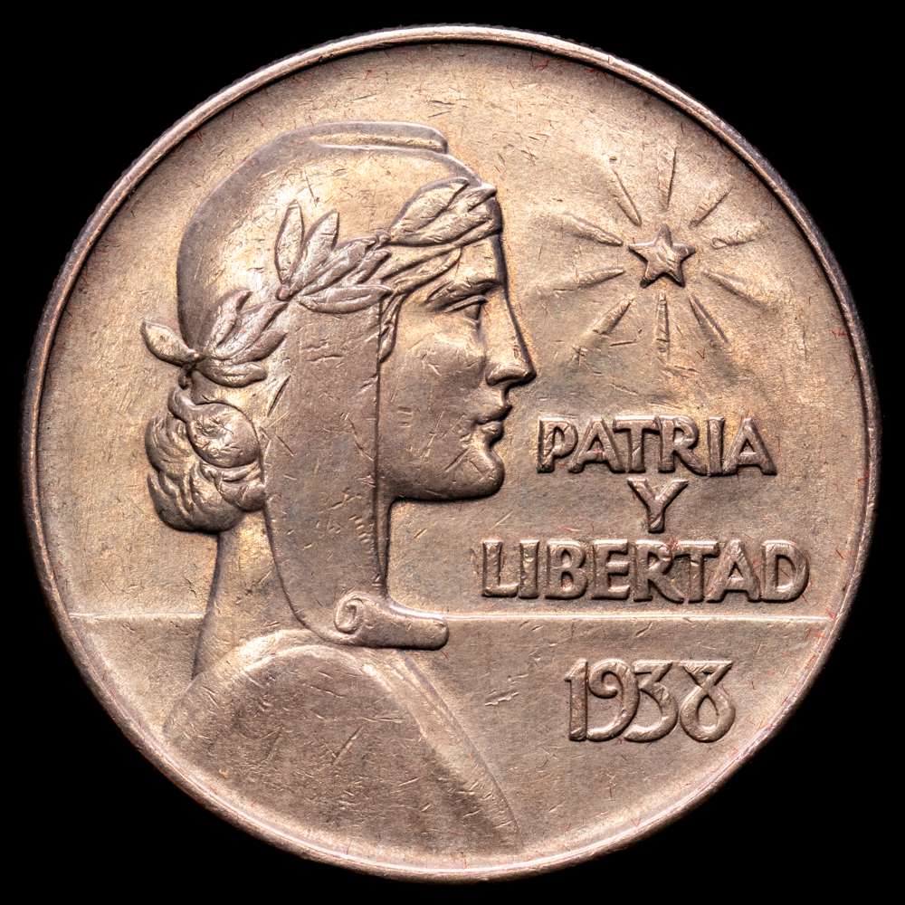 1 peso. 1938. (Km-22). Ag. 26,65 g. Tono. EBC-.
